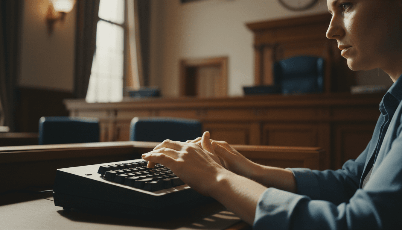 Court reporter's hands on steno machine during courtroom proceedings, focused and confident