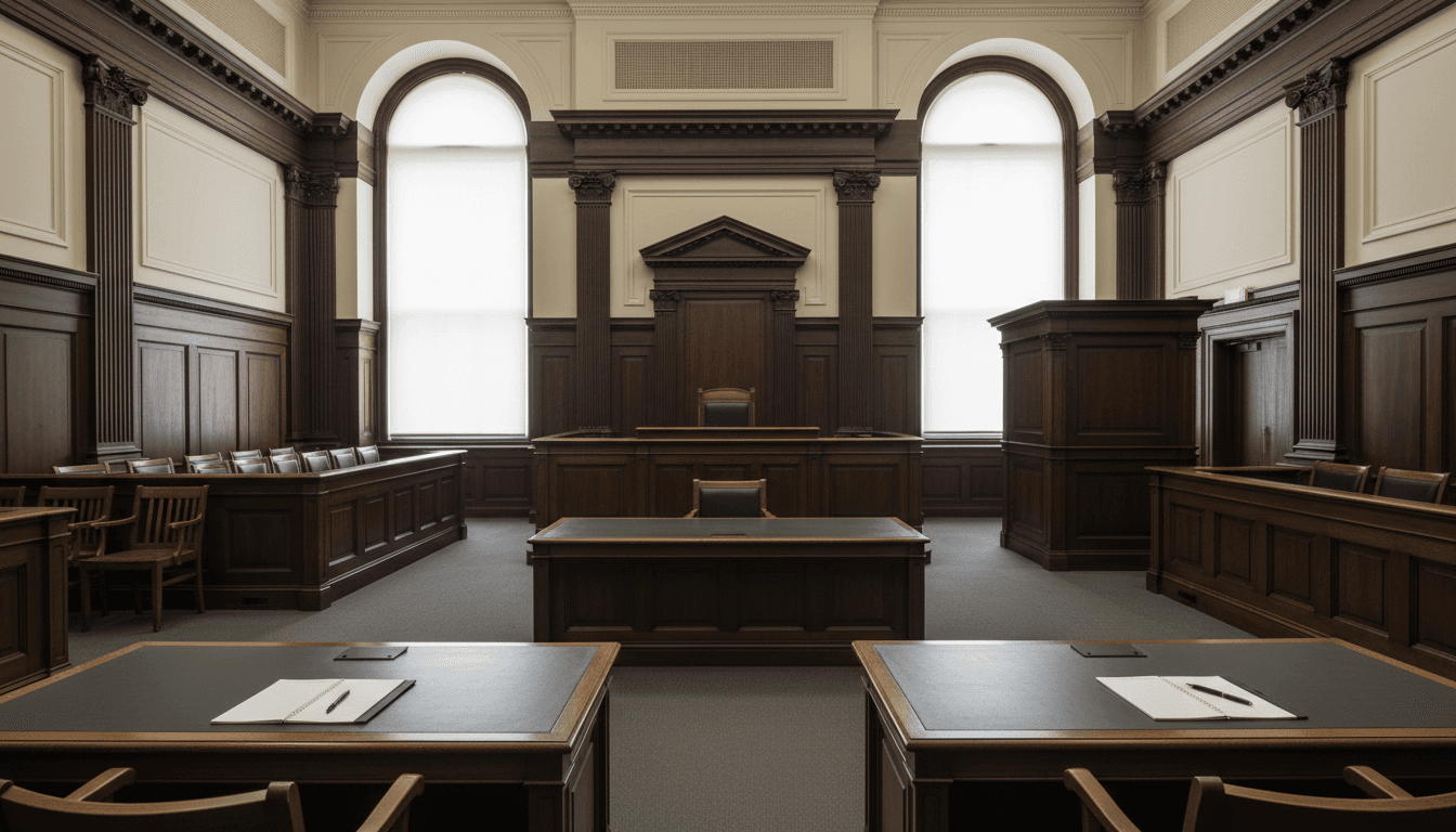 Formal courtroom interior with judge's bench and seating, empty chamber ready for legal proceedings