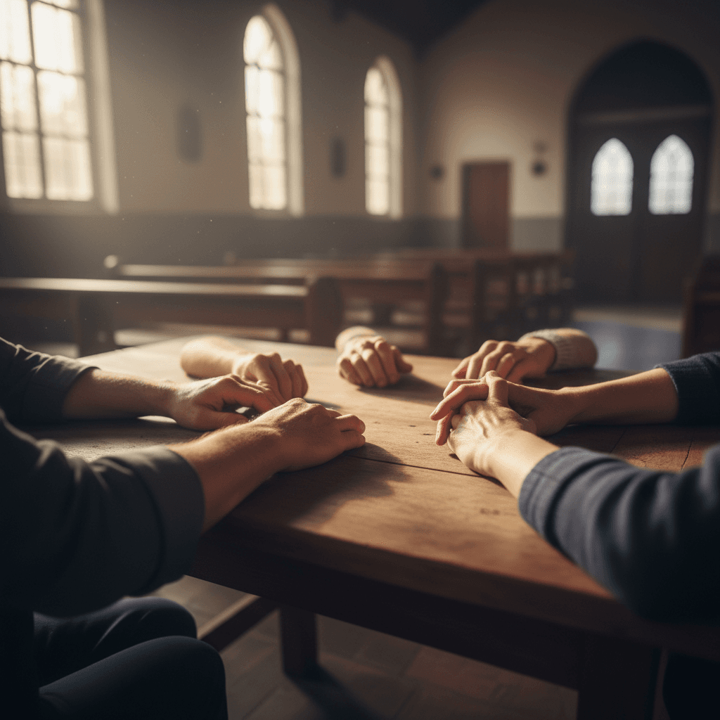 Diverse hands joined together in prayer circle on wooden table with warm natural light streaming through windows